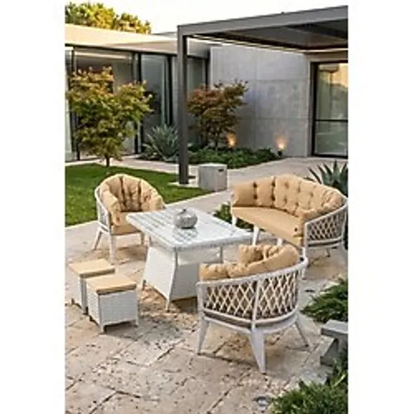 Liatris Serisi 1. Sınıf 3+1+1+2 Puf Beyaz Rattan Cappucino Minder Bahçe Takımı, Balkon Takımı