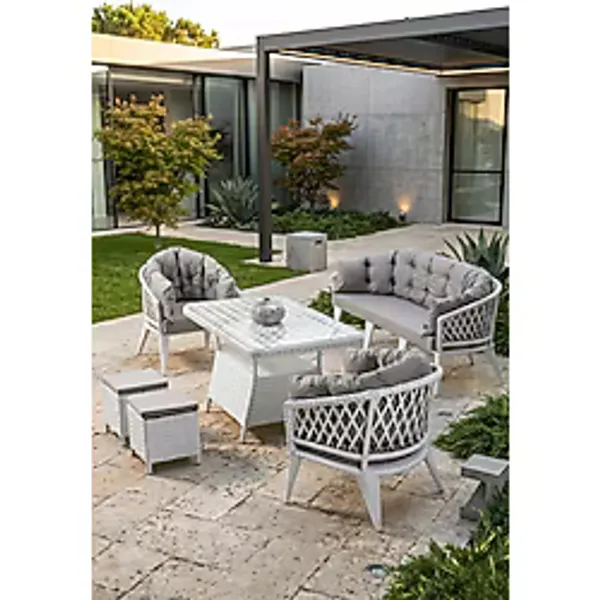 Liatris Serisi 1. Sınıf 3+1+1+2 Puf Beyaz Rattan Gri Minder Bahçe Takımı, Balkon Takımı