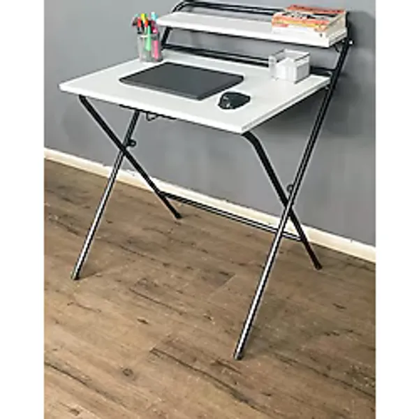 Lich Metal Ayaklı Katlanır Çalışma Masası Beyaz Raflı Laptop Sehpası Çizim ve Ders Masası