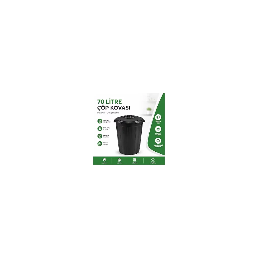 LİDERAMBALAJ07 70 Litre Kapaklı Çöp Kovası Plastik Çöp Kovası Büyük Boy Dayanıklı Çöp Kovası Ev Ofis Bahçe Mutfak Çöp Kutusu