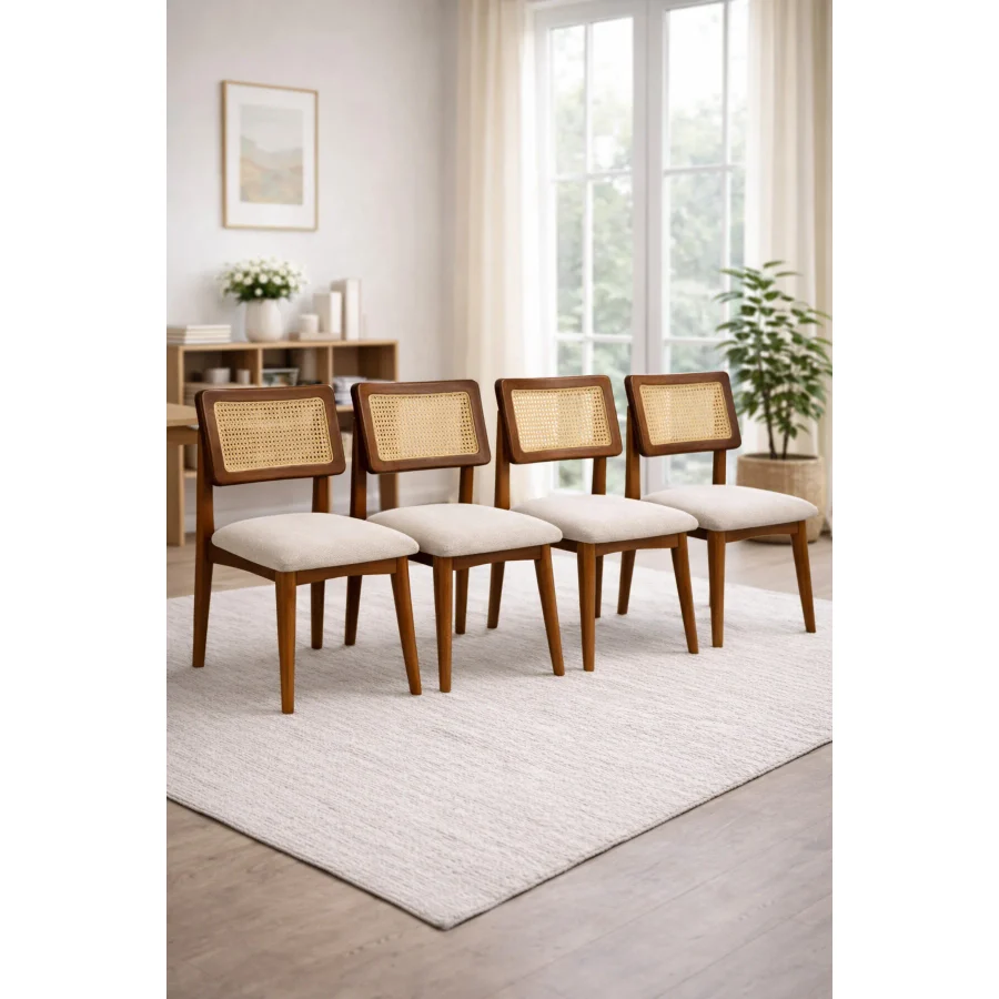 Lif Mobilya Hasır Sandalye Ceviz Renk - Iskandinav Tasarım (4'lü Set) - 4'Lü Set