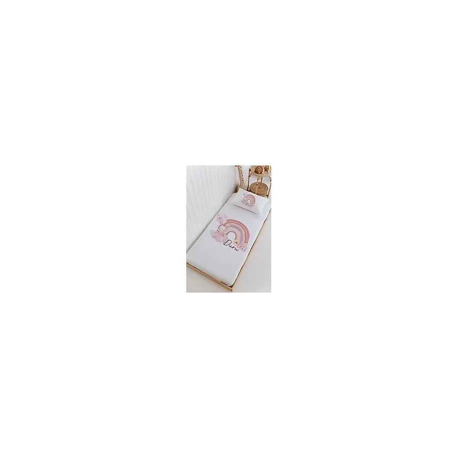 Lilabio Isme Özel %100 Pamuk Bebek ve Çocuk Tek Kişilik 165 x 225 cm Pike Takımı-Tavşan Gökkuşağı