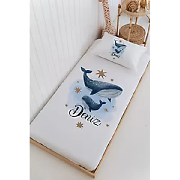 Lilabio Isme Özel %100 Pamuk Bebek ve Çocuk Tek Kişilik 165 x 225 cm Pike Takımı-Balinalar
