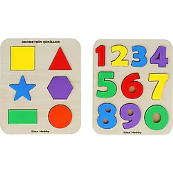 Lina Hobby 2'li Set Montessori Eğitici Ahşap Sayılar ve Geometrik Şekiller Bultak Puzzle (20X17 Cm)
