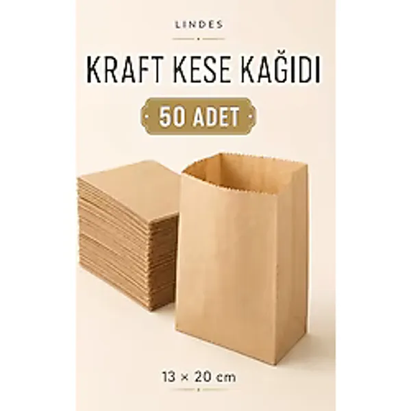 Lındes Kraft Kese Kağıdı 13X20X7 cm - Gıda, Hediye ve Parti Paketleme - 50 Adet - Kahverengi