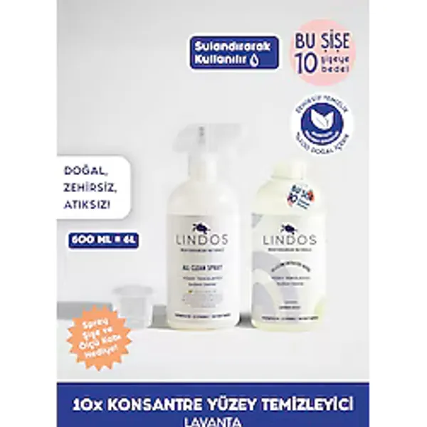 Lindos Doğal Konsantre Yüzey Temizleyici Çok Amaçlı Mutfak Banyo Zemin Fayans Derz Cam Leke Toz - Lavanta