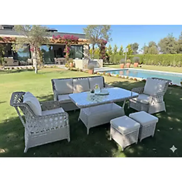 LİV Concept Premium Rattan Bahçe Mobilyası Seti - 6 Parça Konfor Serisi (3'lü Koltuk + 2 Tekli Koltuk + 2 Puf 90x160 Masa