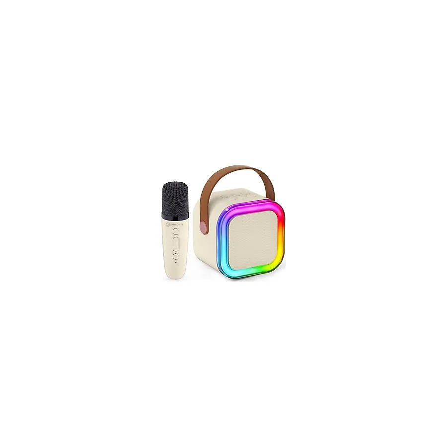 Liv3d Rgb Işıklı Karaoke Mikrofon & Bluetooth Hoparlör - Taşınabilir Kablosuz Mikrofonlu Hoparlör Seti - Bej