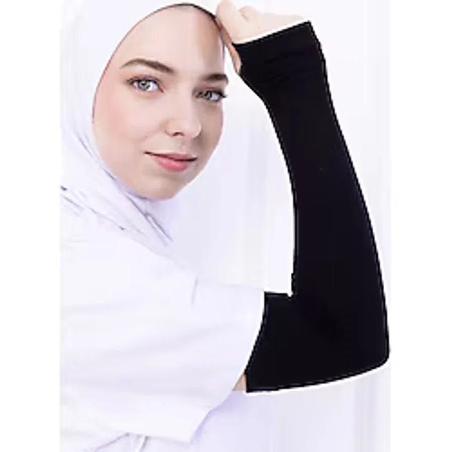 Loggia Parmak Geçmeli Likralı Kolluk Siyah - Kadın Tesettür Düz Namaz Kolluğu 1 Çift Viskon Hijab