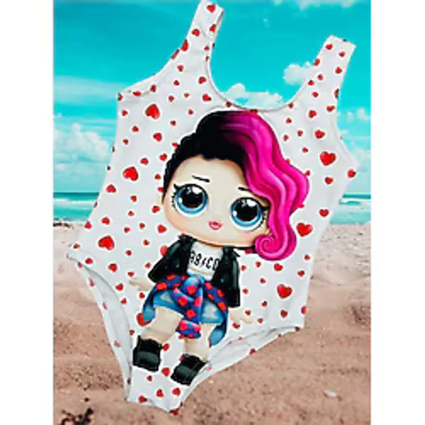 Lolliboomkids Kız Çocuk Punk Lol Rocker Boi Mor Saçlı Karakter Desen Beyaz Üzeri Kalp Desen Mayo Beyaz - Pembe