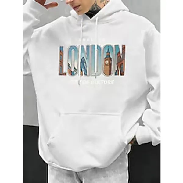 Londra Şehir Baskıları Sonbahar Erkekler Hoody Cep Kapüşonlu Üst Hip Hop Moda Giyim Kişilik R
