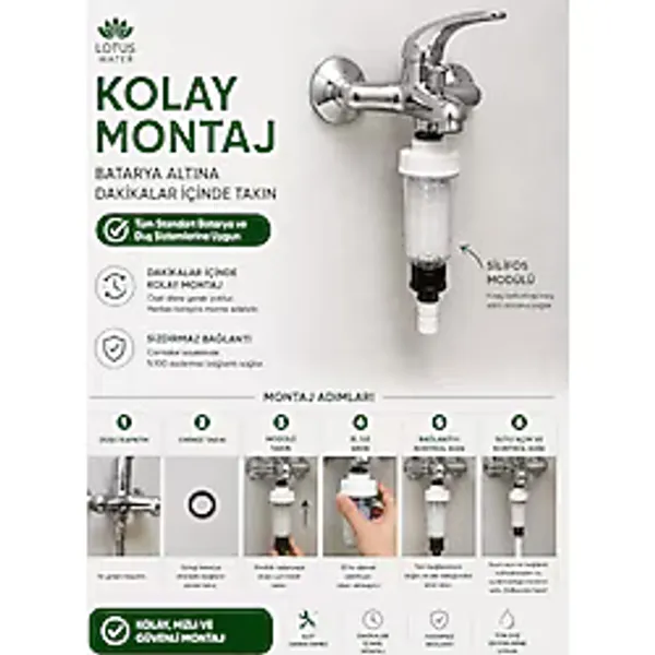 Lotus Water Siliphos Duş Filtresi, Kireç Önleyici Filtre, Batarya Altı Kireç Koruma Modülü, Banyo Duş Sistemi için Kolay Montajlı Su Filtresi