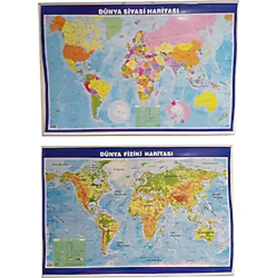 Lrs Store Dünya Haritası Siyasi ve Fİziki Çift Taraflı Çıtalı 70x100 cm Eğitici Harita, Çok Renkli