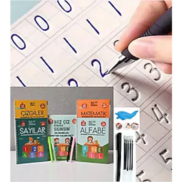 LRS STORE Sihirli Yazı Seti Silinebilir Kelemli Kabartmalı Defter Yazma Öğretici 4 Kitap+1 Kalem+5 Yedek Uç
