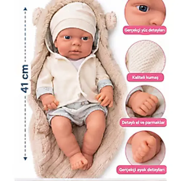 LRS Store Süper Gerçekçi Yeni Doğmuş Et Bebek Reborn Bebek 41 cm Battaniyeli Silikon Bebek - Beyaz