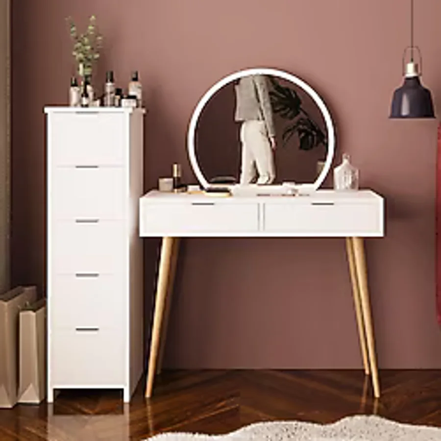Lucy Makyaj Masası Takımı T1050 - Beyaz Aynalı, Çekmeceli Dolaplı Set