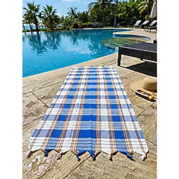 Ludıa %100 Pamuk Ekose Peştemal Havlu Mavi Çizgili Saçaklı Plaj Ve Banyo Peştemali 79X190 Cm
