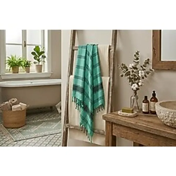 Ludıa Otantik Püsküllü %100 Pamuklu Büyük Boy Yeşil Siyah Çizgili Peştemal Havlu 78X195 Cm