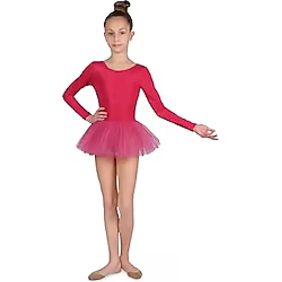 LULLY Kids Kız Çocuk Uzun Kollu Tütü Etekli Bale, Jimnastik ve Antrenman Mayosu (Fuşya Pembe, 13-14 Yaş)