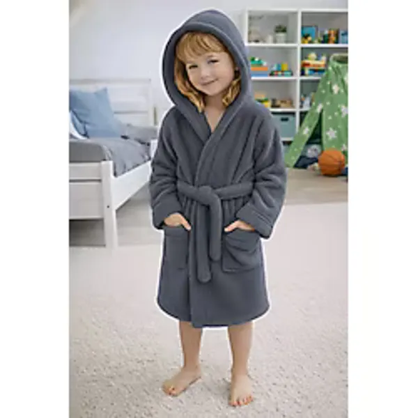 Luna Soft Kız / Erkek Çocuk Kapşonlu Pamuklu Bornoz Peluş Sabahlık 7/8 Yaş Koyu Gri