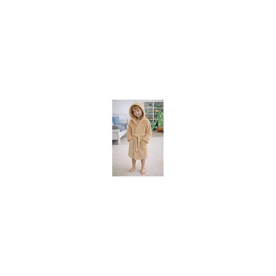 Luna Soft Kız / Erkek Çocuk Kapşonlu Pamuklu Bornoz Peluş Sabahlık Bej