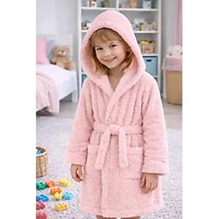 Luna Soft Kız / Erkek Çocuk Kapşonlu Wellsoft Bornoz Peluş Sabahlık Pudra