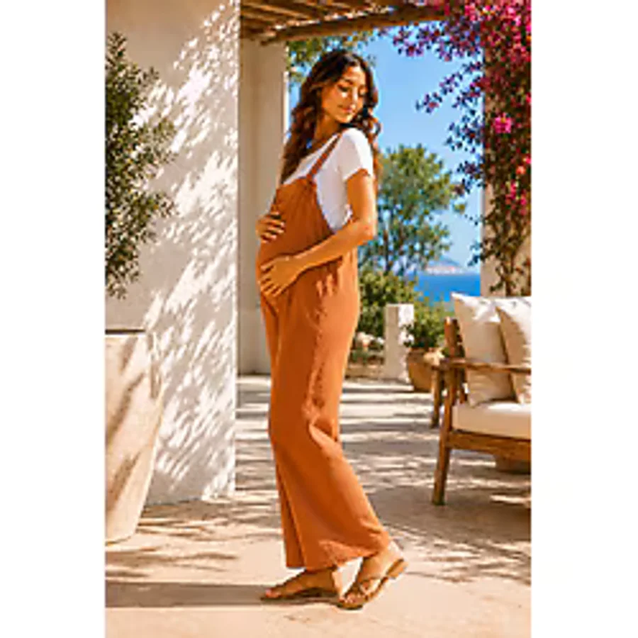 Luvmabelly MYRA6141 - Doğal Müslin Yumuşacık Yazlık Hamile Salopet - Camel
