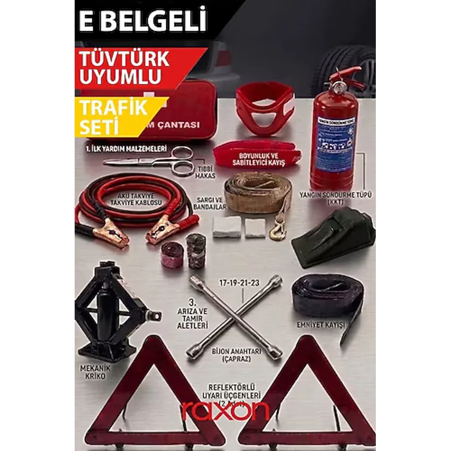 Lüx Araç Trafik Seti Çantalı 1200A Takviye Kablosu Kriko Bijon Anahtarı TÜVTÜRK Uyumlu