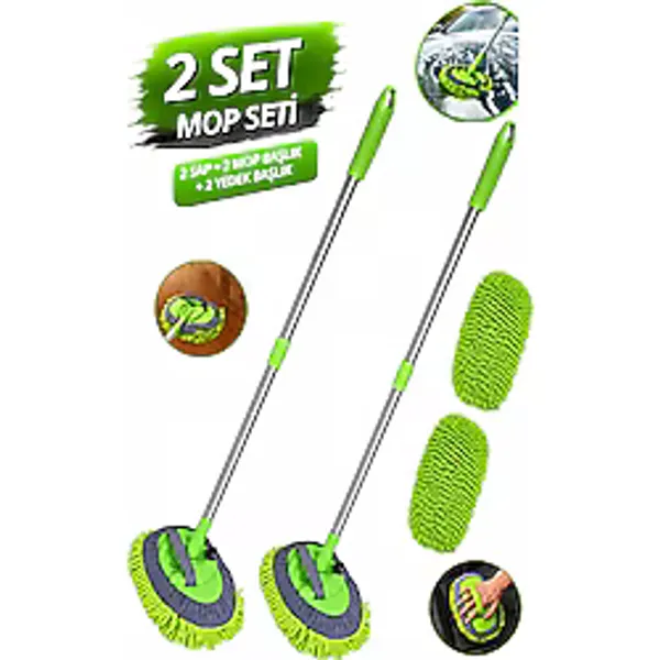 M.Y. TASO 2'li Oto Yıkama Mop Seti 2 Sap + 2 Mop Başlık + 2 Yedek Mikrofiber Başlık Teleskopik Araç Yıkama Fırçası
