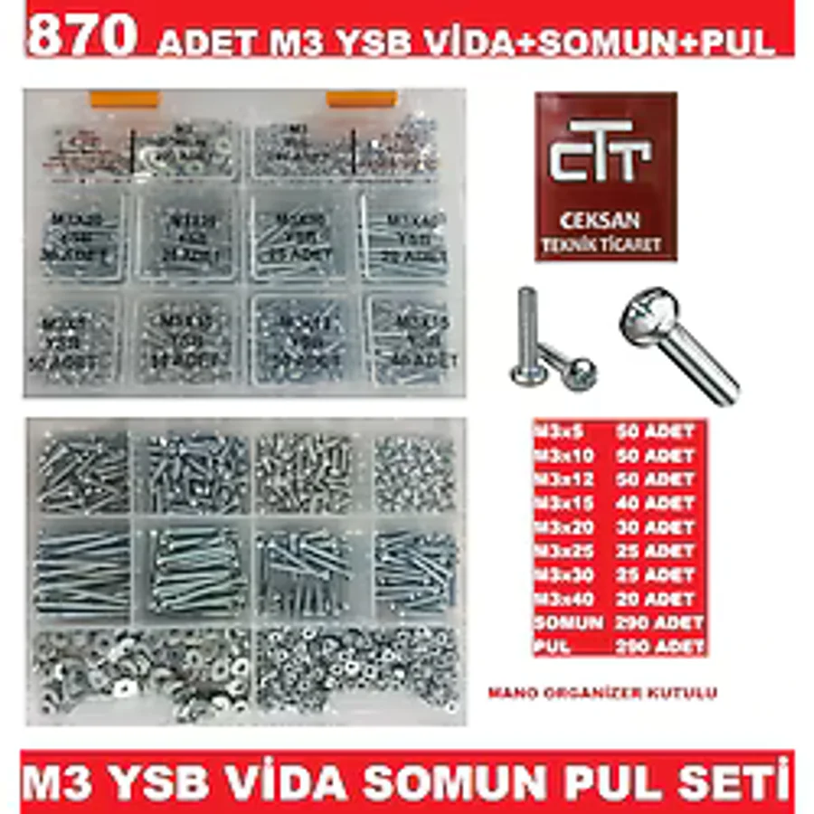 M3 YSB VİDA SET 870 ADET VİDA -SOMUN-PUL SETİ