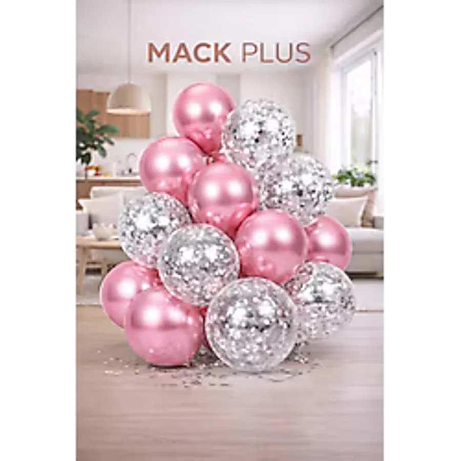 MACK PLUS 10'lu 12 inç Krom Metalik Pembe ve Şeffaf Balon Seti - İçi Gümüş Pullu, Şık Parti Balonları