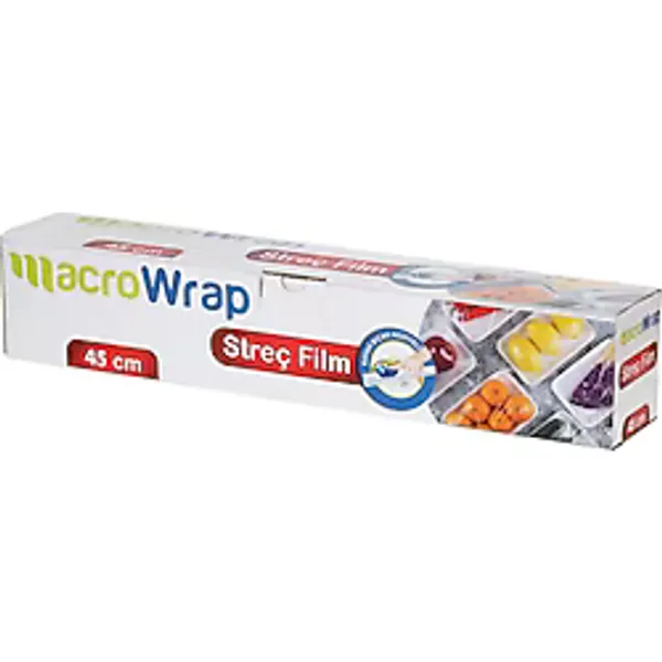 Macro Wrap Kesici Kutulu Streç Film - 45 cm x 300 Metre, Geniş Boy Endüstriyel Tip, Gıda Uyumlu Taze Tutucu Şeffaf Folyo - 45cm x 300m