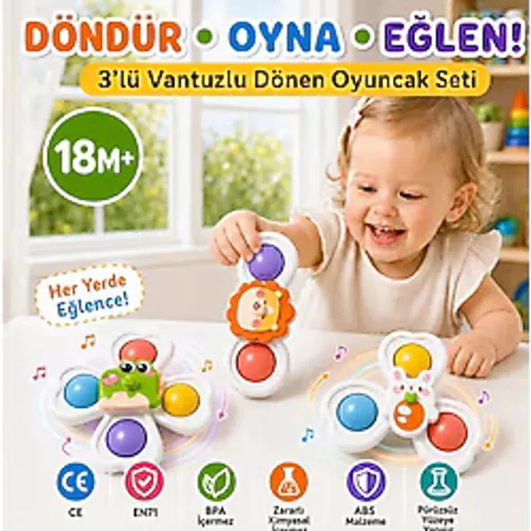 Mag X 3'lü Hayvan Figürlü Vantuzlu Dönen Oyuncak-Eğitici Sök-Tak Oyuncak Seti Dıy Modüler Tasarım ve Duyusal Gelişim Oyuncağı, Abs Güvenli Malzeme, Bpa Yok, Banyo, Mama Sandalyesi ve Yolculuk Arkadaşı