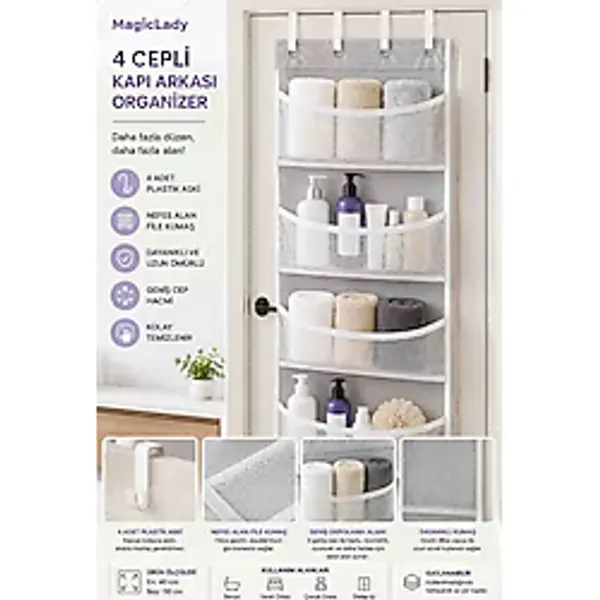 Magic Lady 4 Cepli Kapı Arkası Organizer 4 Plastik Askılı Fileli Çok Amaçlı Düzenleyici