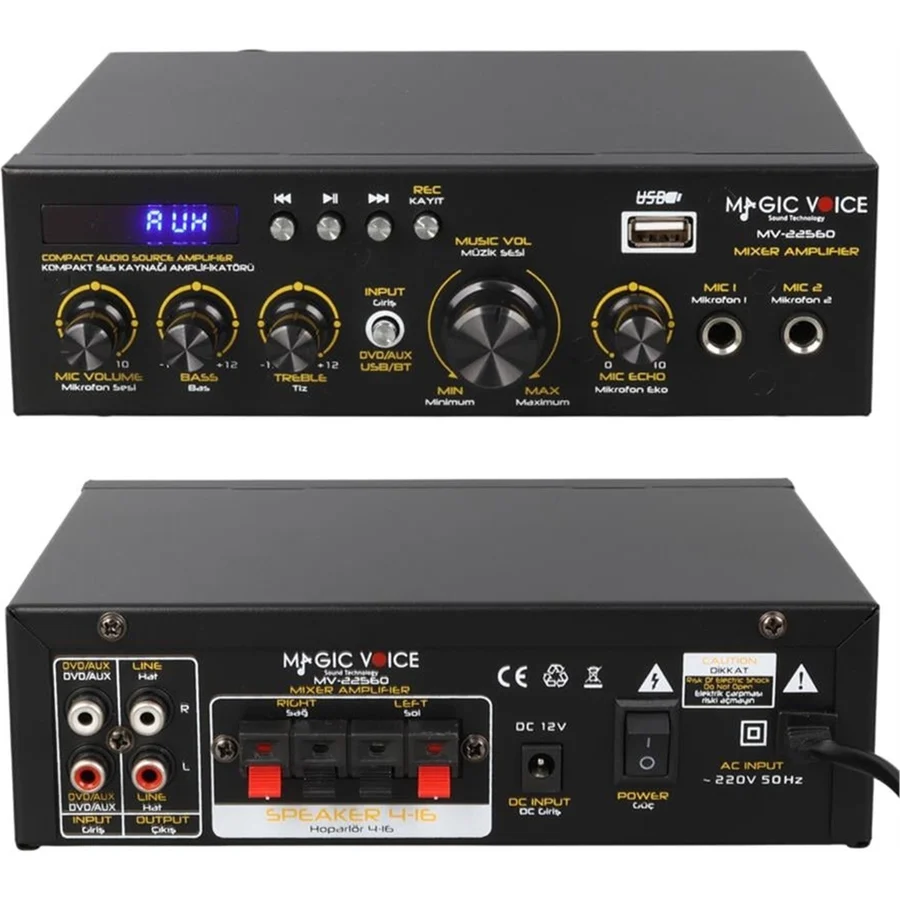Magıcvoıce MV-22560 2X20W 4-8 Ohm Usb/sd Girişli Bluetoothlu 2 Mikrofon Girişli Trafosuz Stereo Mini Anfi