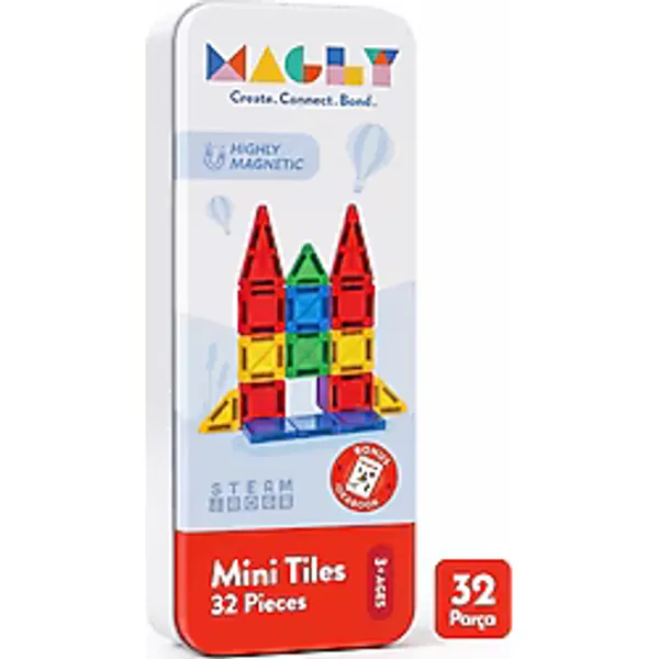 Magly Mini Tiles Manyetik Yapı Blokları - Çocuklar İçin Metal Kutulu 32 Parça Mini Manyetik Seyahat Boy Oyun Seti