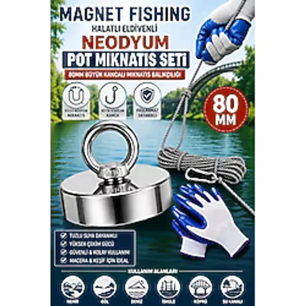 Magnet Magnet Fishing Halatlı Eldivenli Neodyum Pot Mıknatıs Seti, 80MM Büyük Kancalı Mıknatıs Balıkçılığı