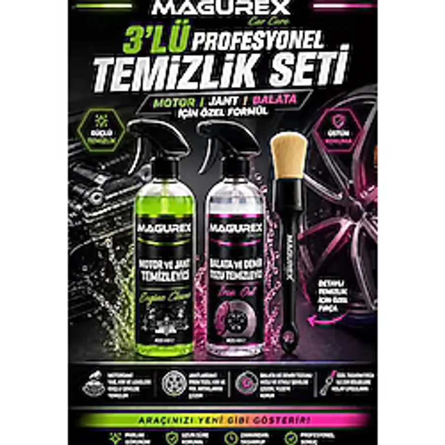 MAGUREX Balata Demir Tozu Jant Temizleyici Seti + Motor Temizleyici + Detay Fırçası