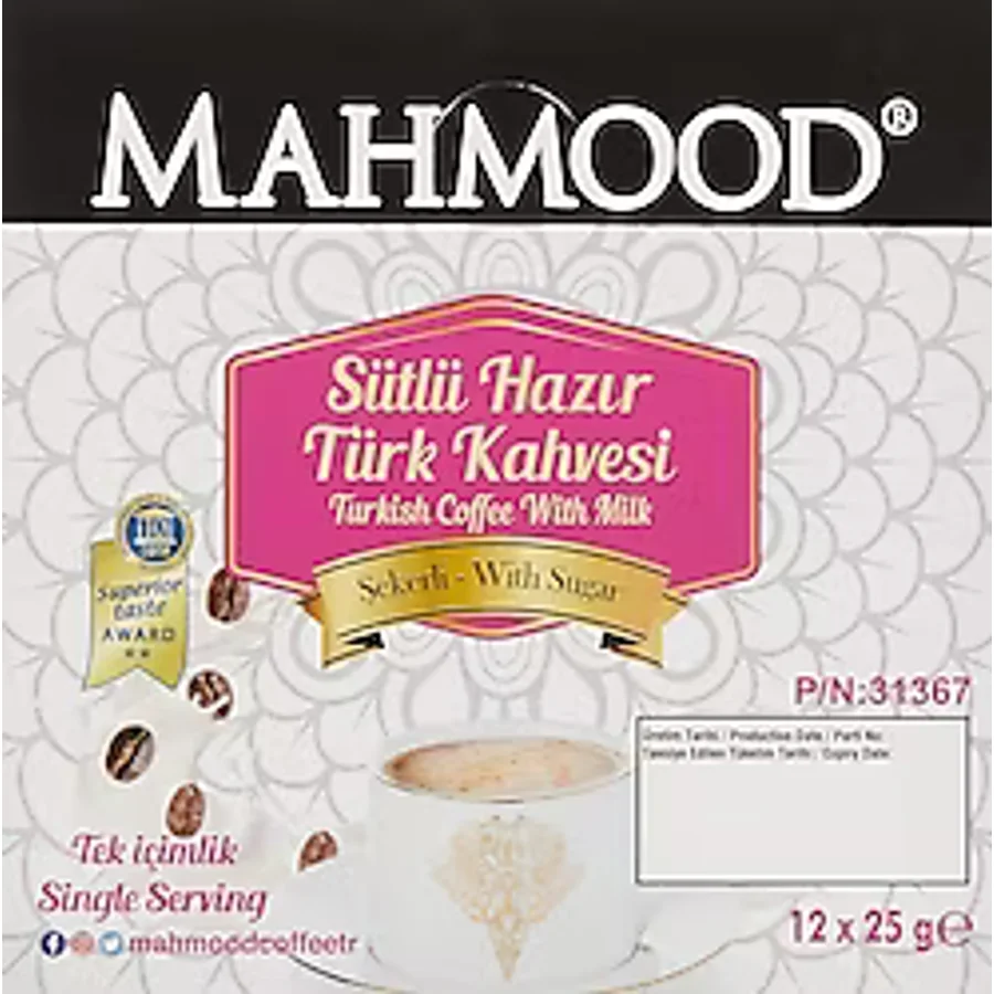 Mahmood Coffee Tek İçimlik Paket Sütlü Şekerli Türk Kahvesi 25 gr 12'li