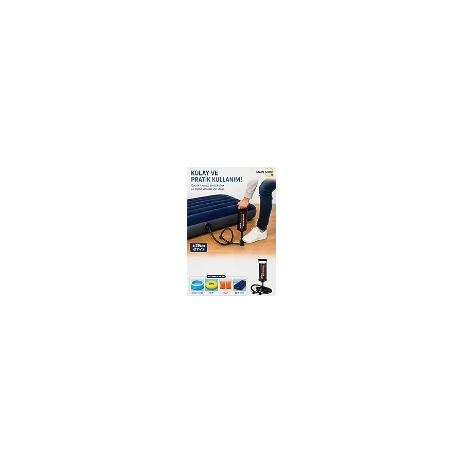MAİN SHOP Intex Orijinal Kutulu Double Quick I Hortumlu El Pompası 29 cm - Şişme Yatak Havuz Simit Pompası M-68612 - Siyah