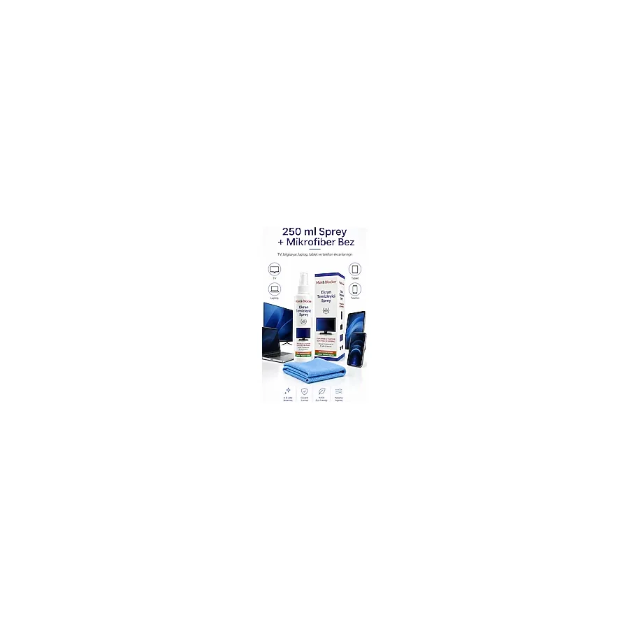 Mak & Blocker Ekran Temizleme Spreyi 250 ml + Mikrofiber Bez TV, Monitör, Laptop, Tablet, Telefon