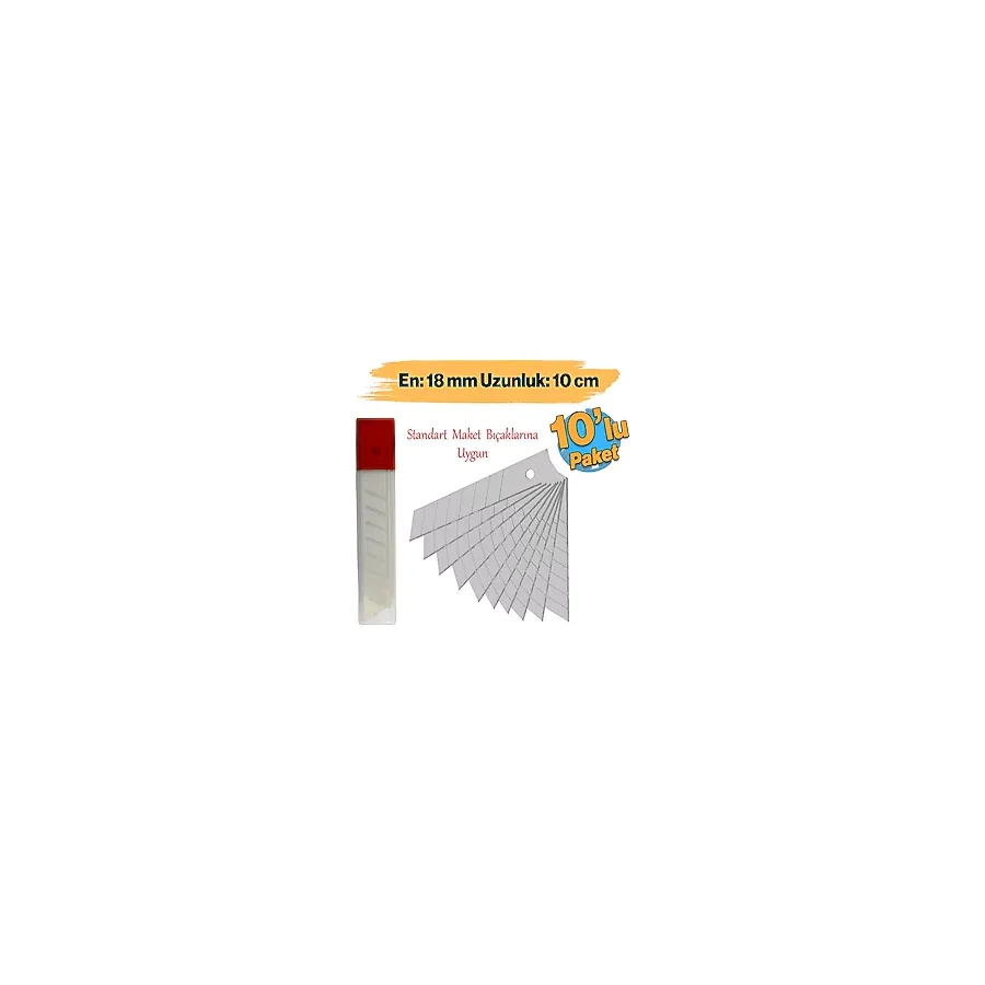 Maket Bıçağı Yedeği 10'lu Paket Ucu Kalınlık 0.50 mm En: 1.8 cm Uzunluk: 10 cm Kırılabilir Yedek Uç - Gümüş - Düz