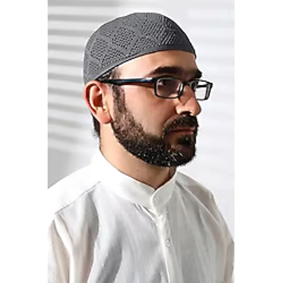 Makine Örgüsü Dantel Detaylı Namaz Takkesi Füme