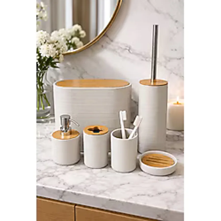 Makri Home 6 Parça Krem Banyo Seti, Bambu Detaylı, 8l Çöp Kovası 24x26x16 Cm