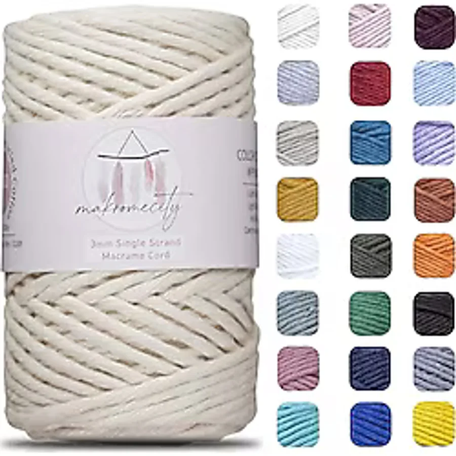Makromecity, Tek Telli Makrome İpi 3 mm x 100 Metre (328 fit) 3mm Tek Telli Doğal Pamuk İp, Makrome Sanat ve El Sanatları için Duvar Süsleri İçin Geri Dönüşümlü Pamuk İp İpliği DIY (Ekru, 1 Makara)
