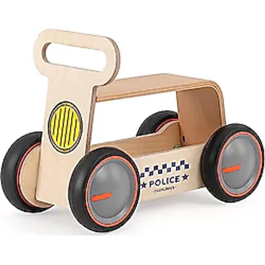 Mamatoyz DriveMe Wood 3'ü 1 Arada Ahşap İlk Adım Arabası Yürüme Arkadaşı, Bingit, Oyuncak Kutusu - Polis Arabası, doğal ahşap, 4 tekerlekli