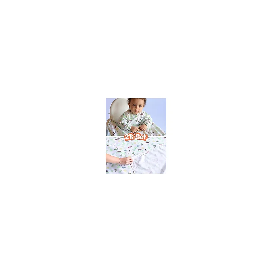 Mammam Always By Your Side Bebek Dinozorlar Set (Uzun Kollu Mama Sandalyesi Önlüğü ve Yer/masa Örtüsü) Su Geçirmez, Leke Tutmaz - Yeşil - Beyaz - 6 - 36 Ay