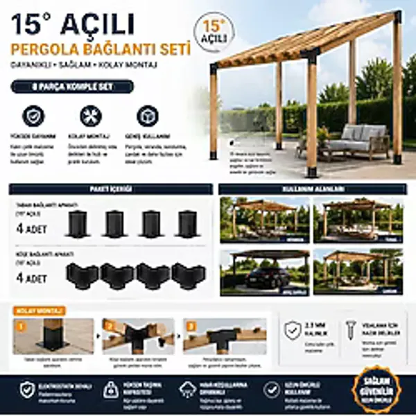 MAMZDESİGN 15 Derece Pergola Çardak Sundurma Garaj Kış bahçesi için Metal 90X90X2.5MM _8 Parça Montaj Seti Pergola Braketi