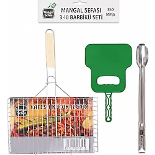 Mangal Teli, Küçük Izgara, Ahşap Saplı, 35x20 cm, Piknik için İdeal, Tek Kullanımlık, Mangal Izgara (Tek ızgara+Yelpaze+Maşa)