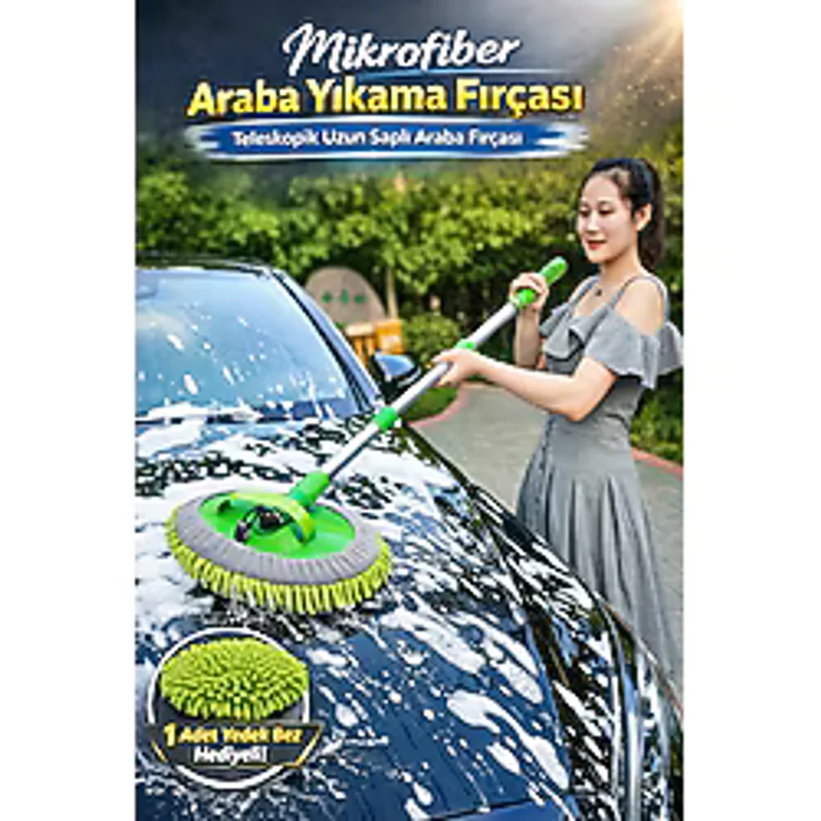 Manosta 1 Adet Yedek Bez Hediyeli Mikrofiber Araba Yıkama Fırçası - Teleskopik Uzun Saplı Araba Fırçası